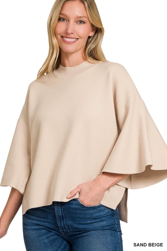 Women's Elegant Relaxed Fit Bell Sleeve Cropped Irregular Hem Light Sweater