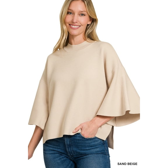 Zenana Women's Elegant Relaxed Fit Bell Sleeve Cropped Irregular Hem Light Sweater
