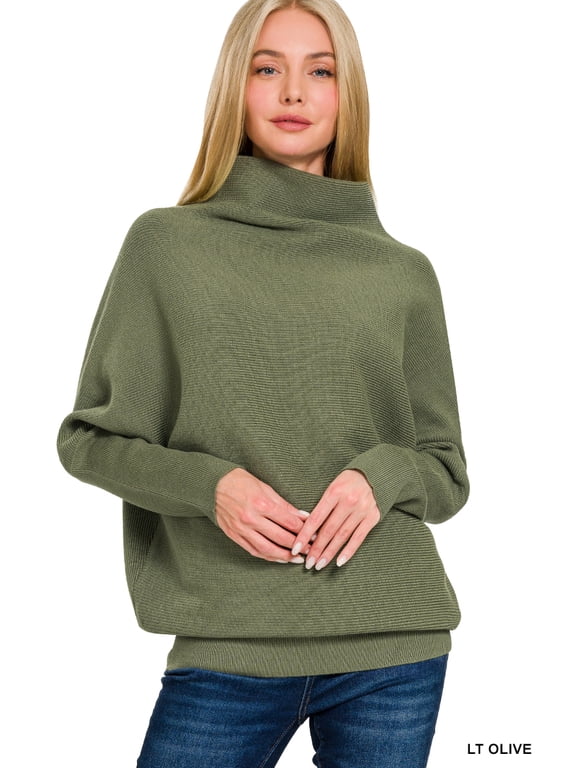 Women's Elegant Relaxed Fit Dolman Long Sleeve Mock Neck Viscose Soft Fabric Light Sweater