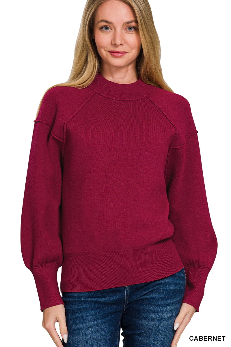 Zenana Women's Elegant Relaxed Fit Long Sleeve Exposed Seam Low Mock ...