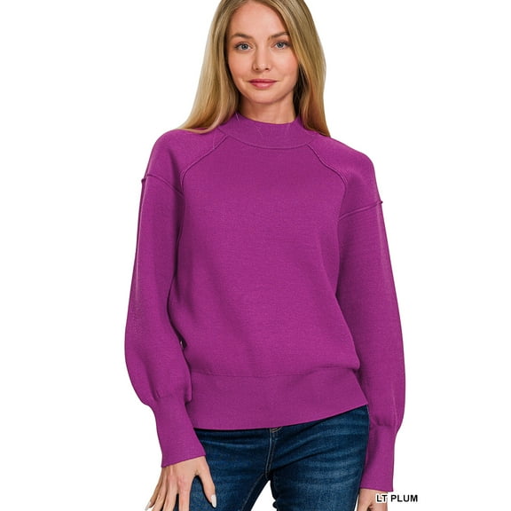 Zenana Women's Elegant Relaxed Fit Long Sleeve Exposed Seam Low Mock Neck Light Sweater