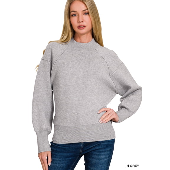 Zenana Women's Elegant Relaxed Fit Long Sleeve Exposed Seam Low Mock Neck Light Sweater