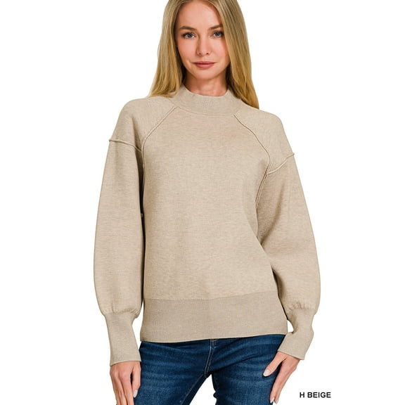 Zenana Women's Elegant Relaxed Fit Long Sleeve Exposed Seam Low Mock Neck Light Sweater