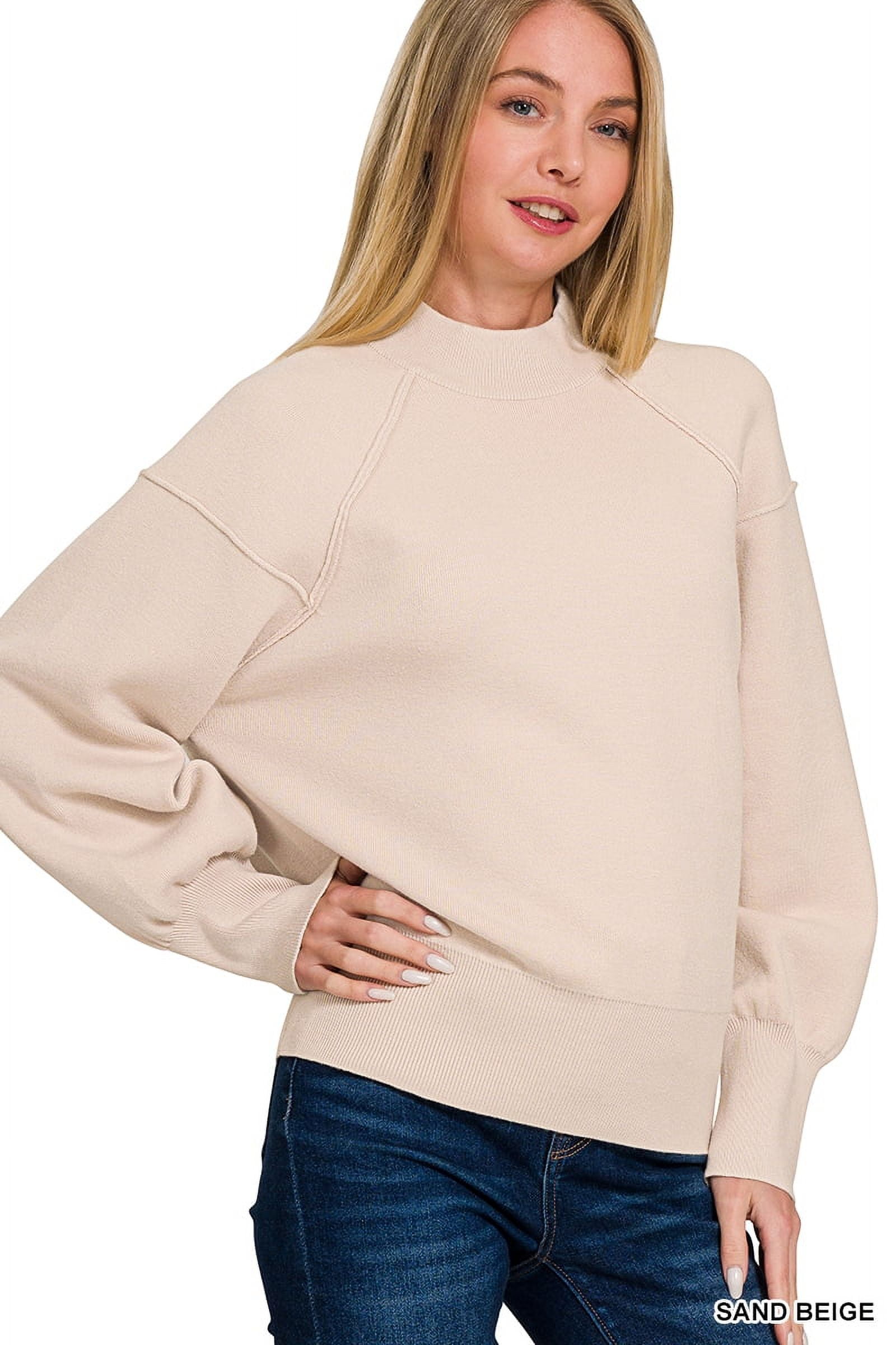 Zenana Women's Elegant Relaxed Fit Long Sleeve Exposed Seam Low Mock ...