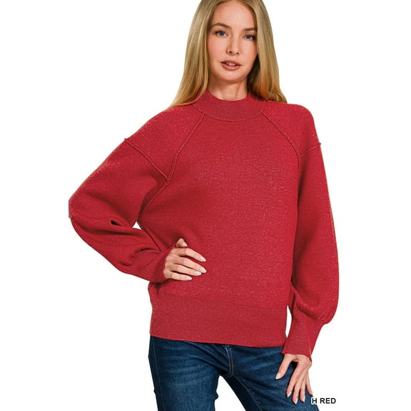 Zenana Women's Elegant Relaxed Fit Long Sleeve Exposed Seam Low Mock Neck Light Sweater
