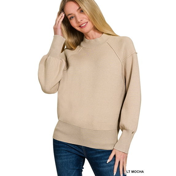 Zenana Women's Elegant Relaxed Fit Long Sleeve Exposed Seam Low Mock Neck Light Sweater