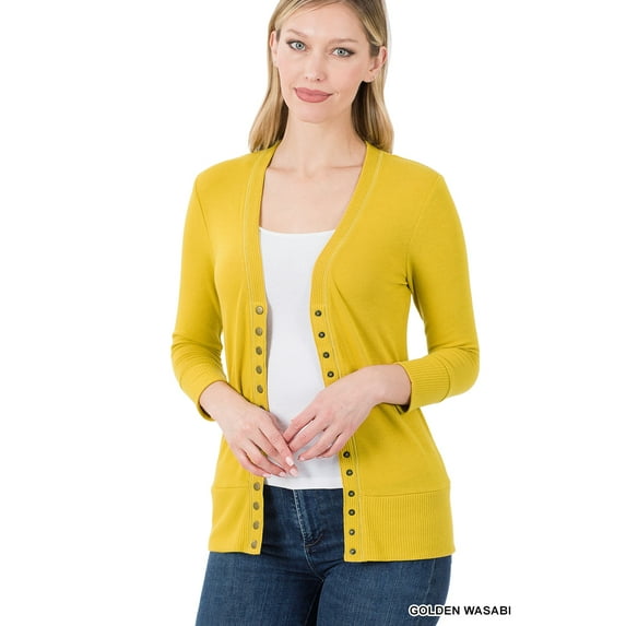 Zenana Women's Front V-Neck Classic Thin Snap Button Down 3/4 Sleeve Ribbed Knit Cardigan