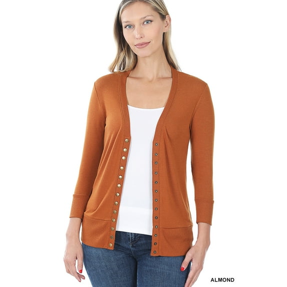 Zenana Women's Front V-Neck Classic Thin Snap Button Down 3/4 Sleeve Ribbed Knit Cardigan