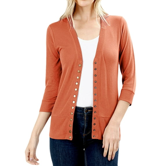Zenana Women's Front V-Neck Classic Thin Snap Button Down 3/4 Sleeve Ribbed Knit Cardigan