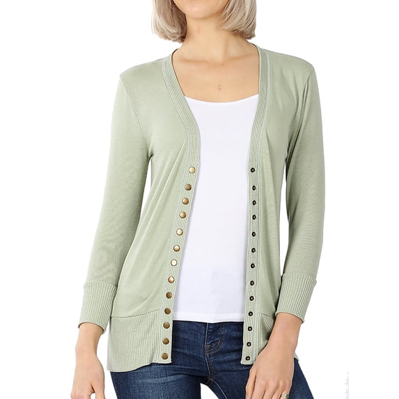 Zenana Women's Front V-Neck Classic Thin Snap Button Down 3/4 Sleeve Ribbed Knit Cardigan