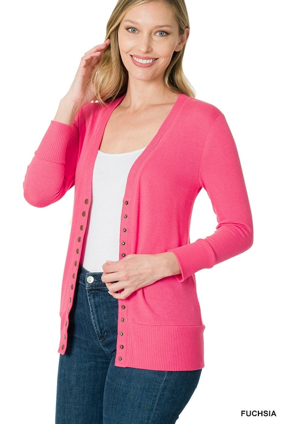 Women's Front V-Neck Classic Thin Snap Button Down 3/4 Sleeve Ribbed Knit Cardigan