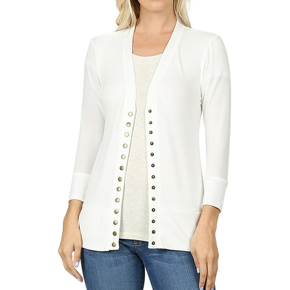 Zenana Women's Front V-Neck Classic Thin Snap Button Down 3/4 Sleeve Ribbed Knit Cardigan