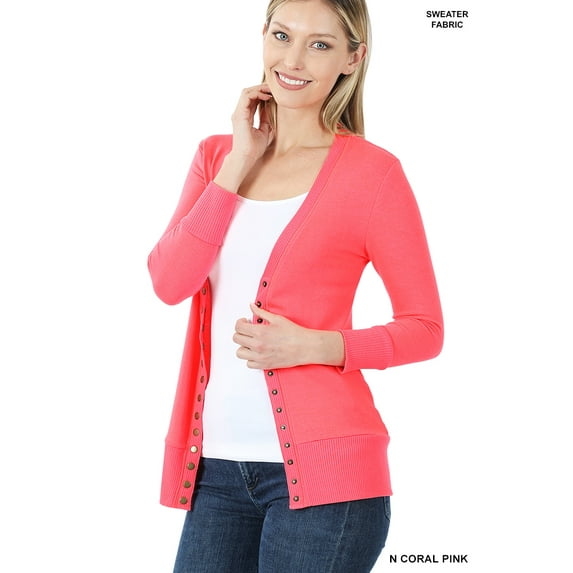 Zenana Women's Front V-Neck Classic Thin Snap Button Down 3/4 Sleeve Ribbed Knit Cardigan