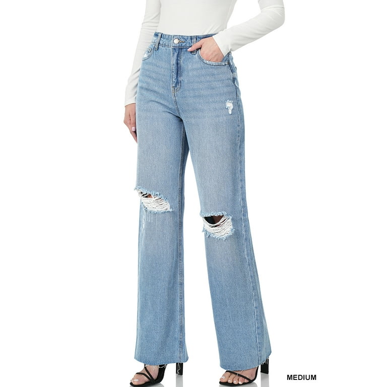 Zenana Women's High Rise Destroyed Raw Hem Straight Leg Zenana Women's High Rise Destroyed Raw Hem Straight Leg