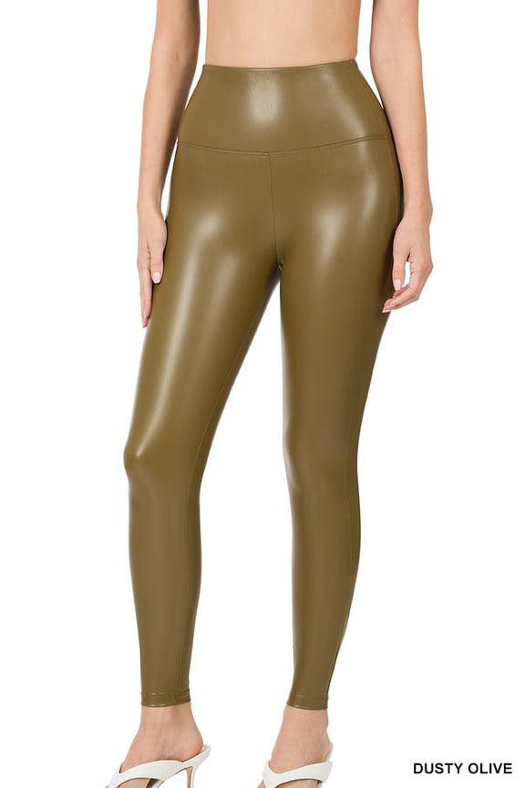 Women's High Rise Full Length Waist Band Faux Leather Tight Leggings