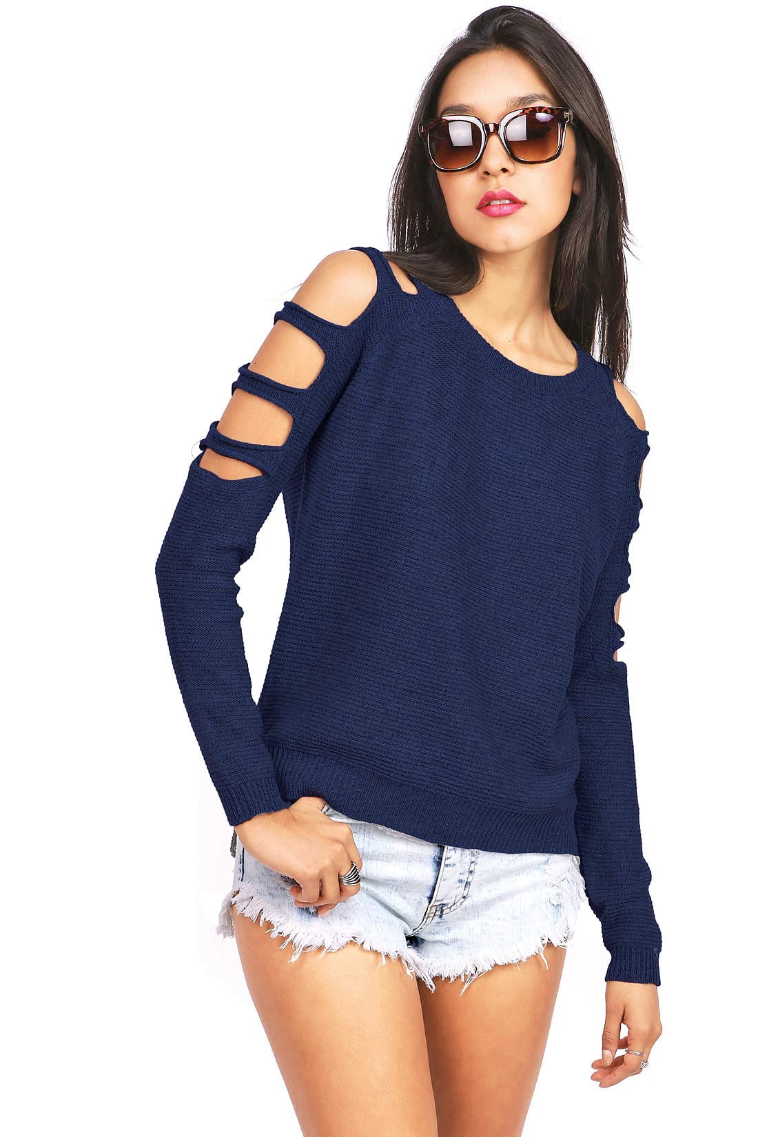 Zenana Women's Juniors Knit Sweater w Shoulder Cut Outs (Navy Blue, L