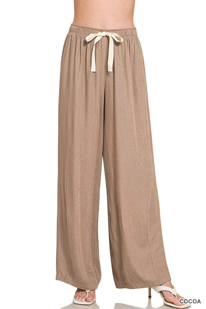 Zenana Women's Linen Drawstring Wide-Leg Lightweight Pants