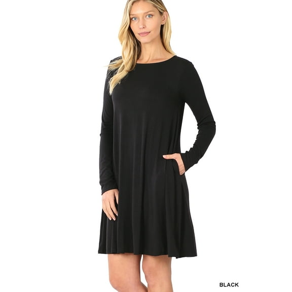 Zenana Women's Long Sleeve Jersey Flared Swing T-Shirt Tunic Dress with Side Pockets