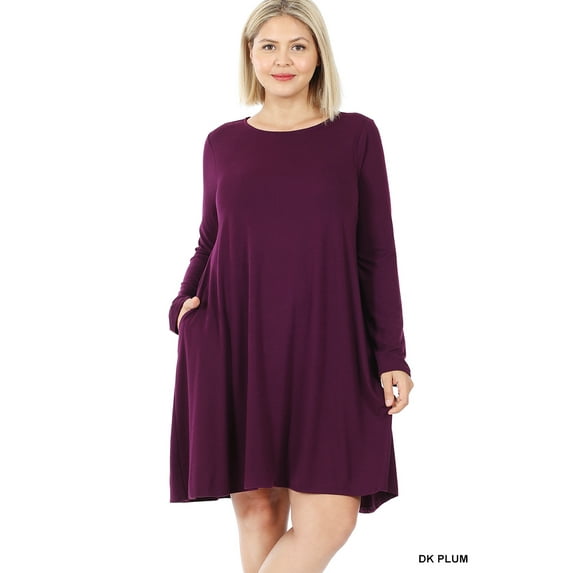 Zenana Women's Long Sleeve Jersey Flared Swing T-Shirt Tunic Dress with Side Pockets