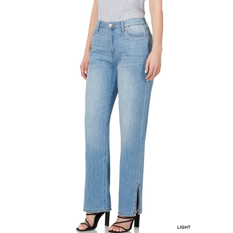 Zenana Women s Mid Rise Side Slit Straight Leg Light Denim Pants