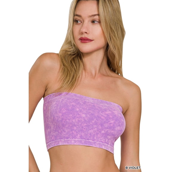 Zenana Women's Narrow Pattern Knit Washed Ribbed Bandeau Seamless Nylon Cropped Tube Top