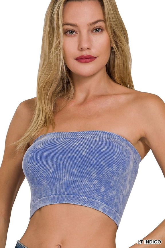 Women's Narrow Pattern Knit Washed Ribbed Bandeau Seamless Nylon Cropped Tube Top