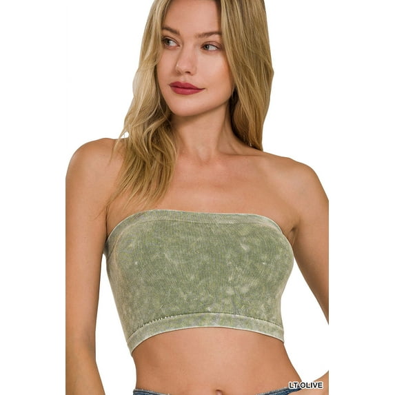 Zenana Women's Narrow Pattern Knit Washed Ribbed Bandeau Seamless Nylon Cropped Tube Top