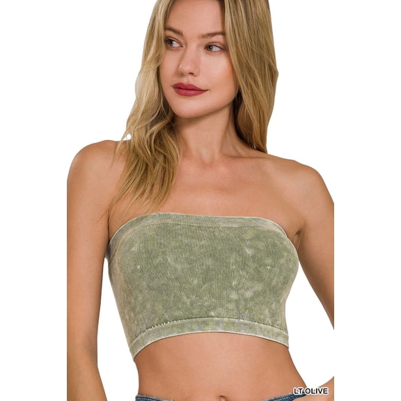 Zenana Women's Narrow Pattern Knit Washed Ribbed Bandeau Seamless Nylon Cropped Tube Top