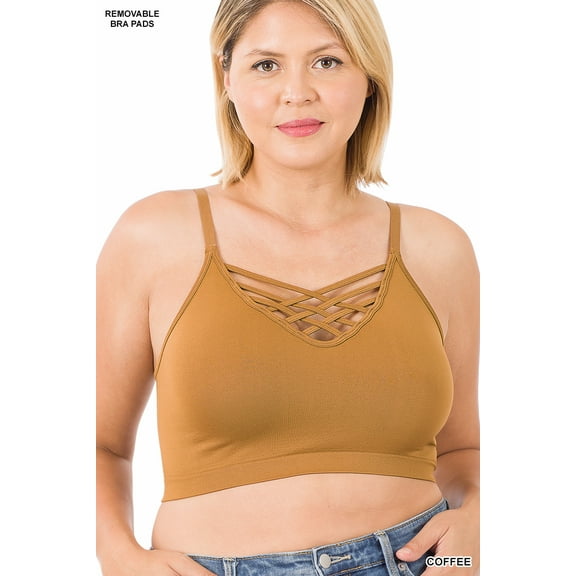 Zenana Women's & Plus Front V-Lattice Bralette Sports Bra with Adjustable Straps and Removable Bra Pads