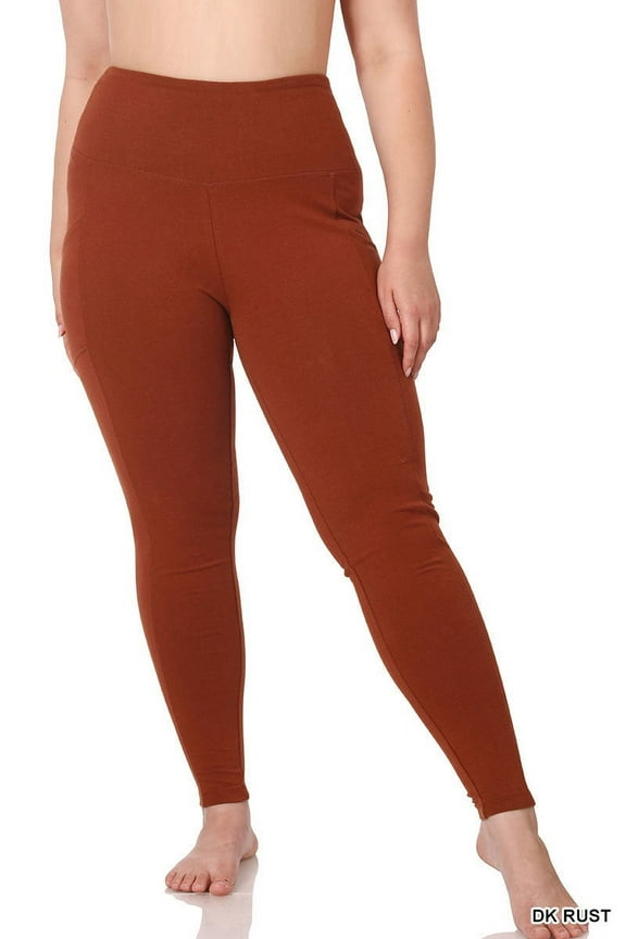 Women's & Plus (S-3X) Casual Cotton Stretch Active Wide Waistband Tight Leggings with Pockets