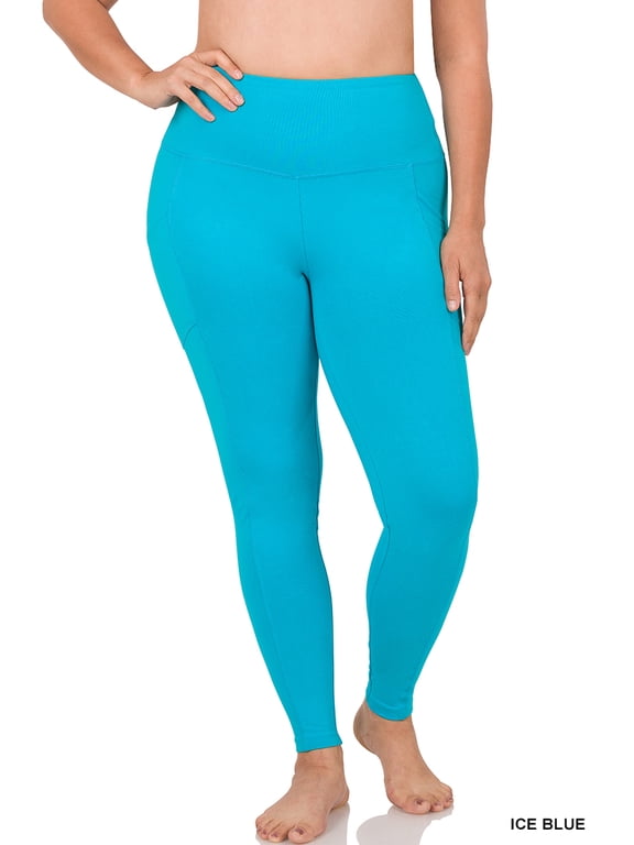 Women's & Plus (S-3X) Casual Cotton Stretch Active Wide Waistband Tight Leggings with Pockets