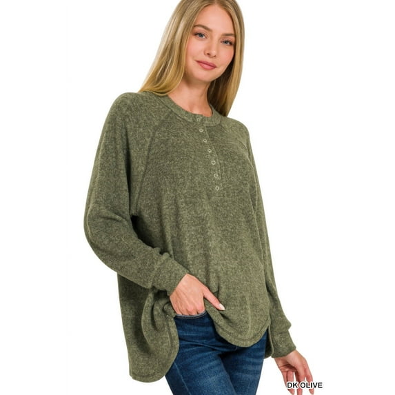 Zenana Women's Plus Size Casual Brushed Melange Hacci Relaxed Fit 7-Button Henley Placket Light Sweater
