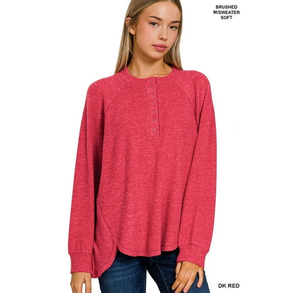 Zenana Women's Plus Size Casual Brushed Melange Hacci Relaxed Fit 7-Button Henley Placket Light Sweater