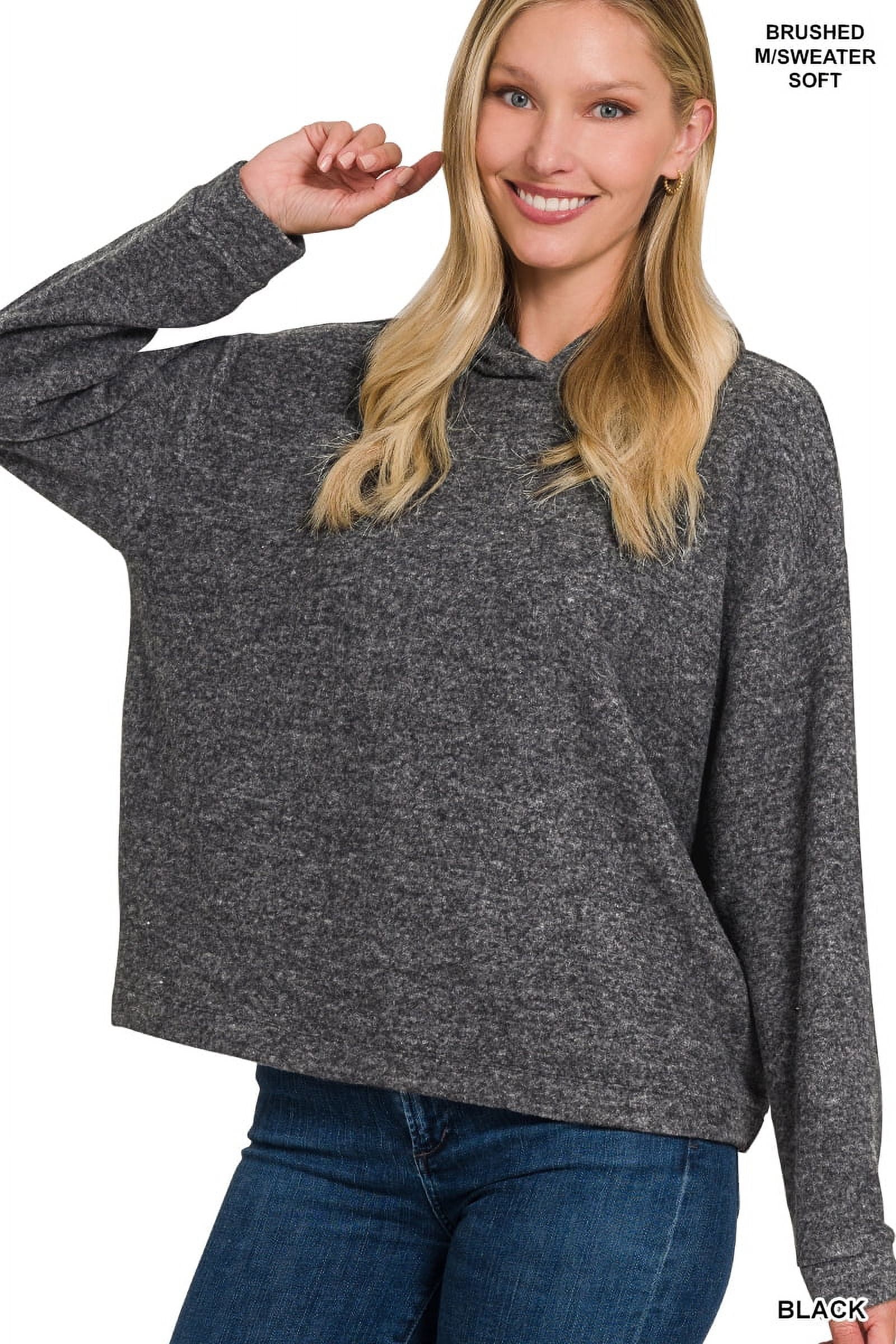 Zenana Women's Plus Size Casual Hooded Brushed Melange Hacci Relaxed Fit Light Sweater