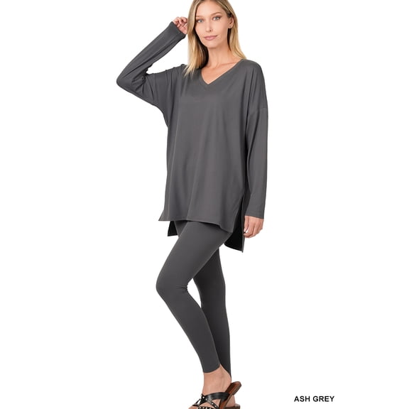 Zenana Women's Plus Size Soft Brushed Fabric V-Neck Long Sleeve Top & Leggings - 2 Pieces Set