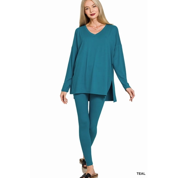 Zenana Women's Plus Size Soft Brushed Fabric V-Neck Long Sleeve Top & Leggings - 2 Pieces Set
