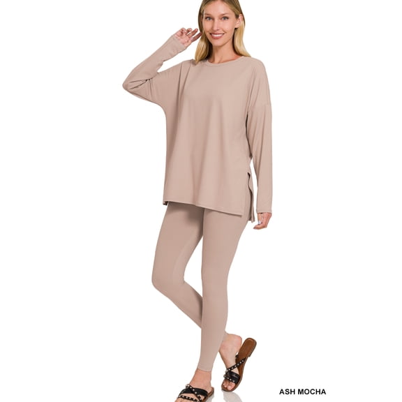 Zenana Women's Plus Size Soft Brushed Fabric Round Neck Long Sleeve Top & Leggings - 2 Pieces Set