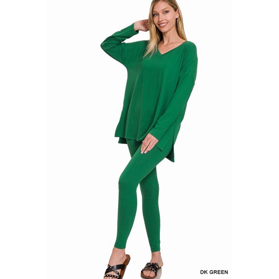 Zenana Women's Plus Size Soft Brushed Fabric V-Neck Long Sleeve Top & Leggings - 2 Pieces Set