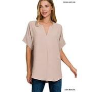 ZENANA Women's & Plus Size Woven Airflow Split Neck Short Sleeve Top
