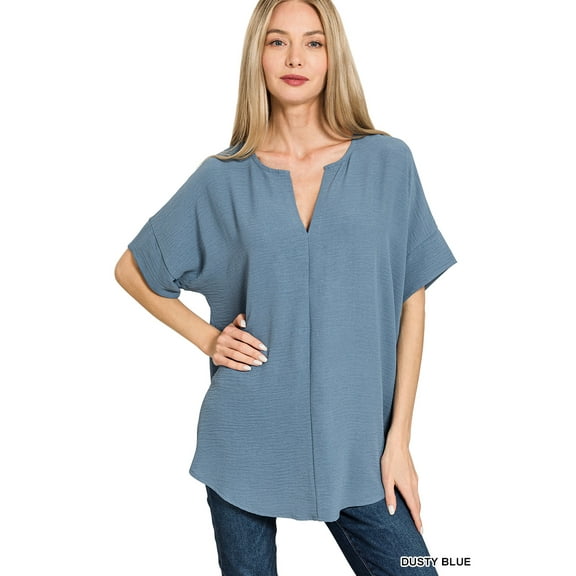 Zenana Women's & Plus Size Woven Airflow Split Neck Short Sleeve Top