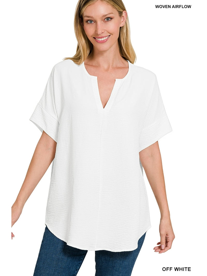 Zenana Women's Relaxed Fit Top With Rolled Sleeves & Hi-Low Hem