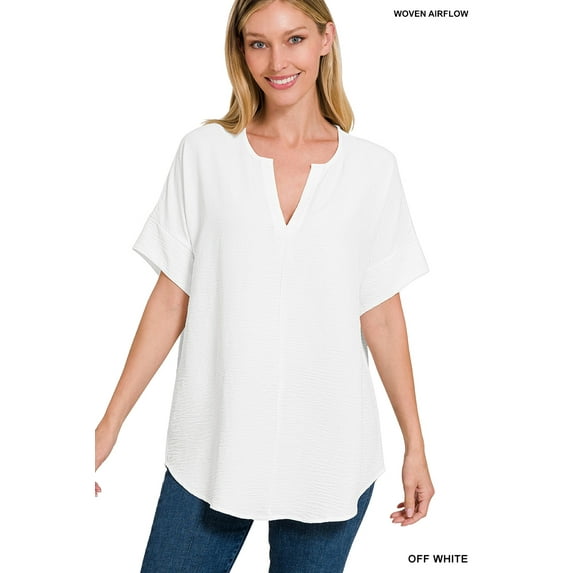 Zenana Women's & Plus Size Woven Airflow Split Neck Short Sleeve Top