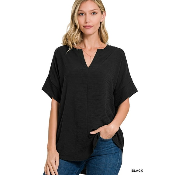Zenana Women's & Plus Size Woven Airflow Split Neck Short Sleeve Top