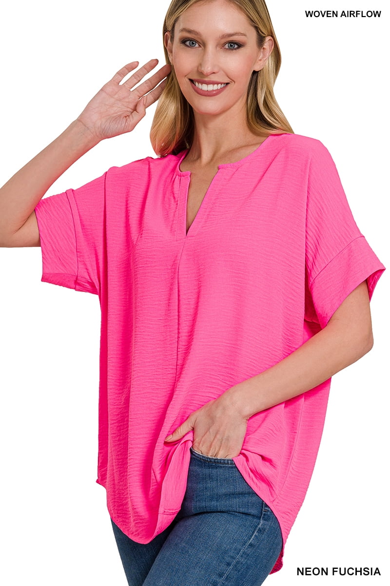 Zenana Women's & Plus Size Woven Airflow Split Neck Short