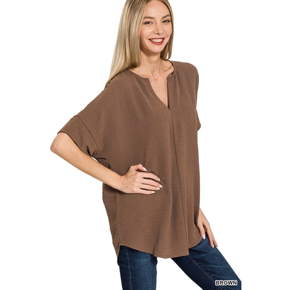 Zenana Women's & Plus Size Woven Airflow Split Neck Short Sleeve Top