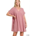 thumbnail image 1 of Zenana Women's Relaxed Fit Gauge Rolled Short Sleeve Raw Edge Mini V-Neck T-Shirt Tunic Top, 1 of 6