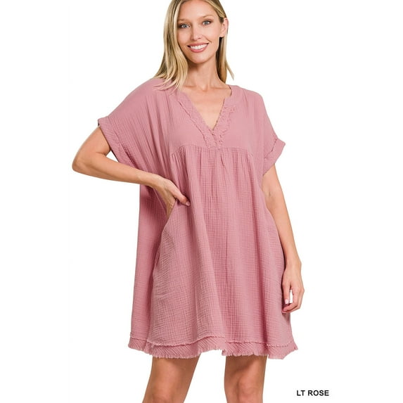 Zenana Women's Relaxed Fit Gauge Rolled Short Sleeve Raw Edge Mini V-Neck T-Shirt Tunic Top