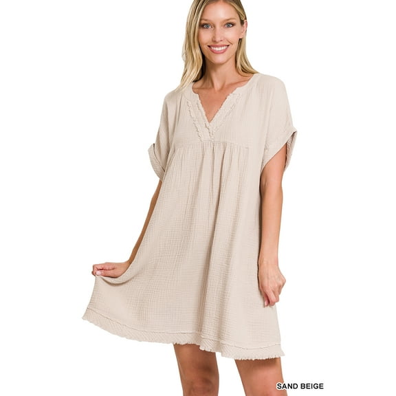 Zenana Women's Relaxed Fit Gauge Rolled Short Sleeve Raw Edge Mini V-Neck T-Shirt Tunic Top