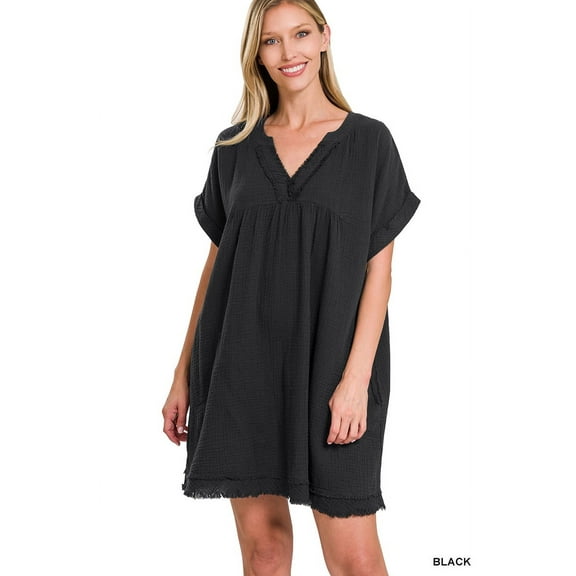 Zenana Women's Relaxed Fit Gauge Rolled Short Sleeve Raw Edge Mini V-Neck T-Shirt Tunic Top