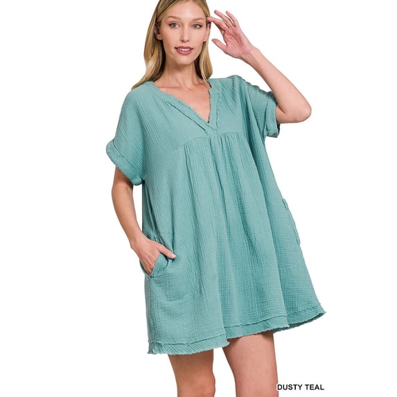 Zenana Women's Relaxed Fit Gauge Rolled Short Sleeve Raw Edge Mini V-Neck T-Shirt Tunic Top